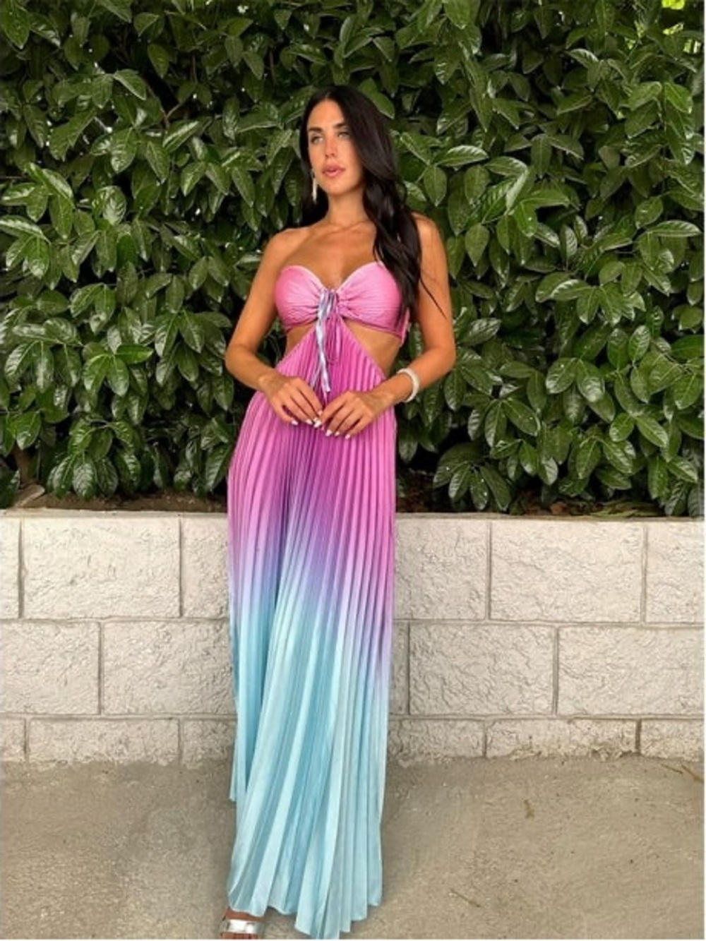 Boutique Gradient Halter Pleated Maxi Dress in Pink to Blue Ombre - Picture 5 of 9